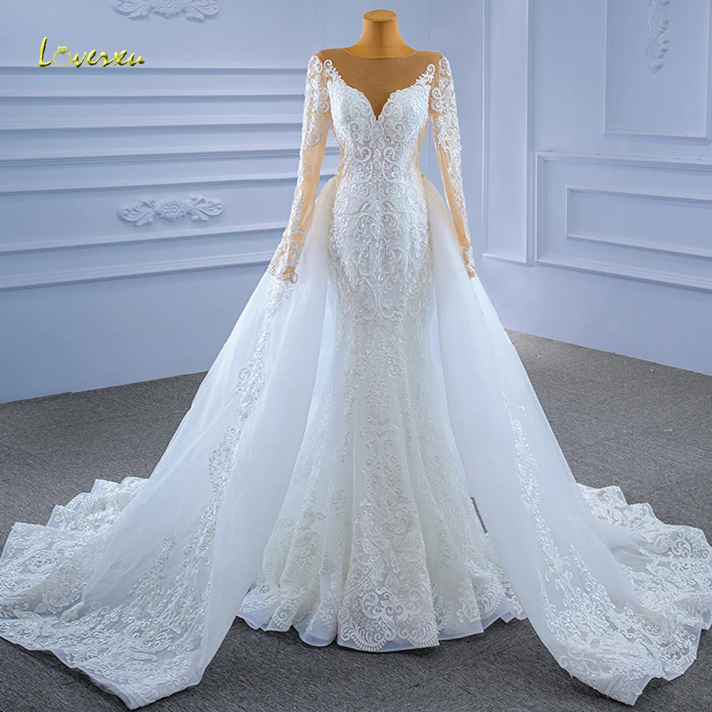 Loverxu Mermaid Wedding Dresses O-Neck Long Sleeve Vestido De Novia Beaded Applique Detachable Train Custom Made Bridal Gown