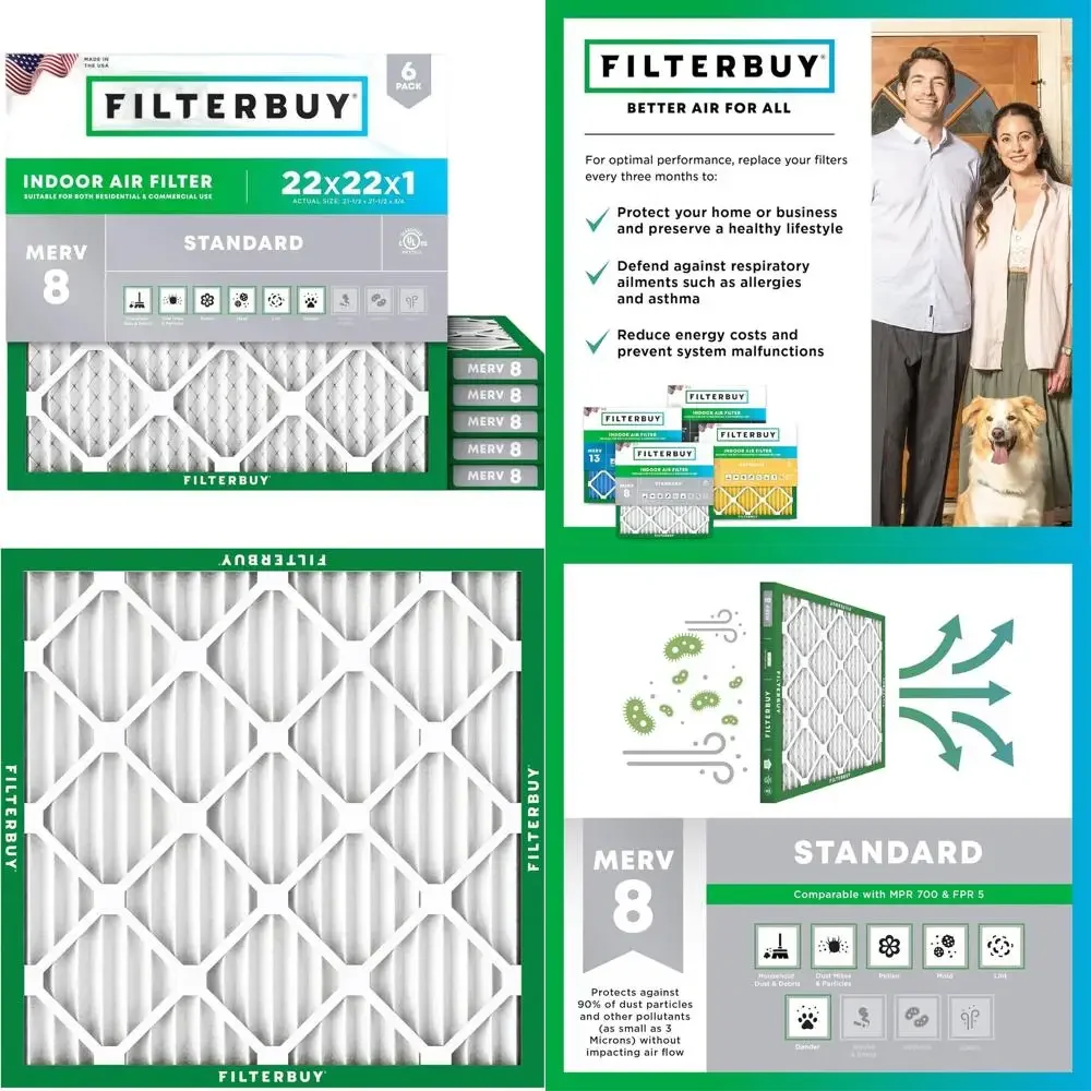 

6-Pack MERV 8 Air Filters, 22x22x1 Inch Pleated HVAC AC Furnace Filters, Dust & Allergy Relief (Actual Size: 21.5 x 21.5 x 0.75)