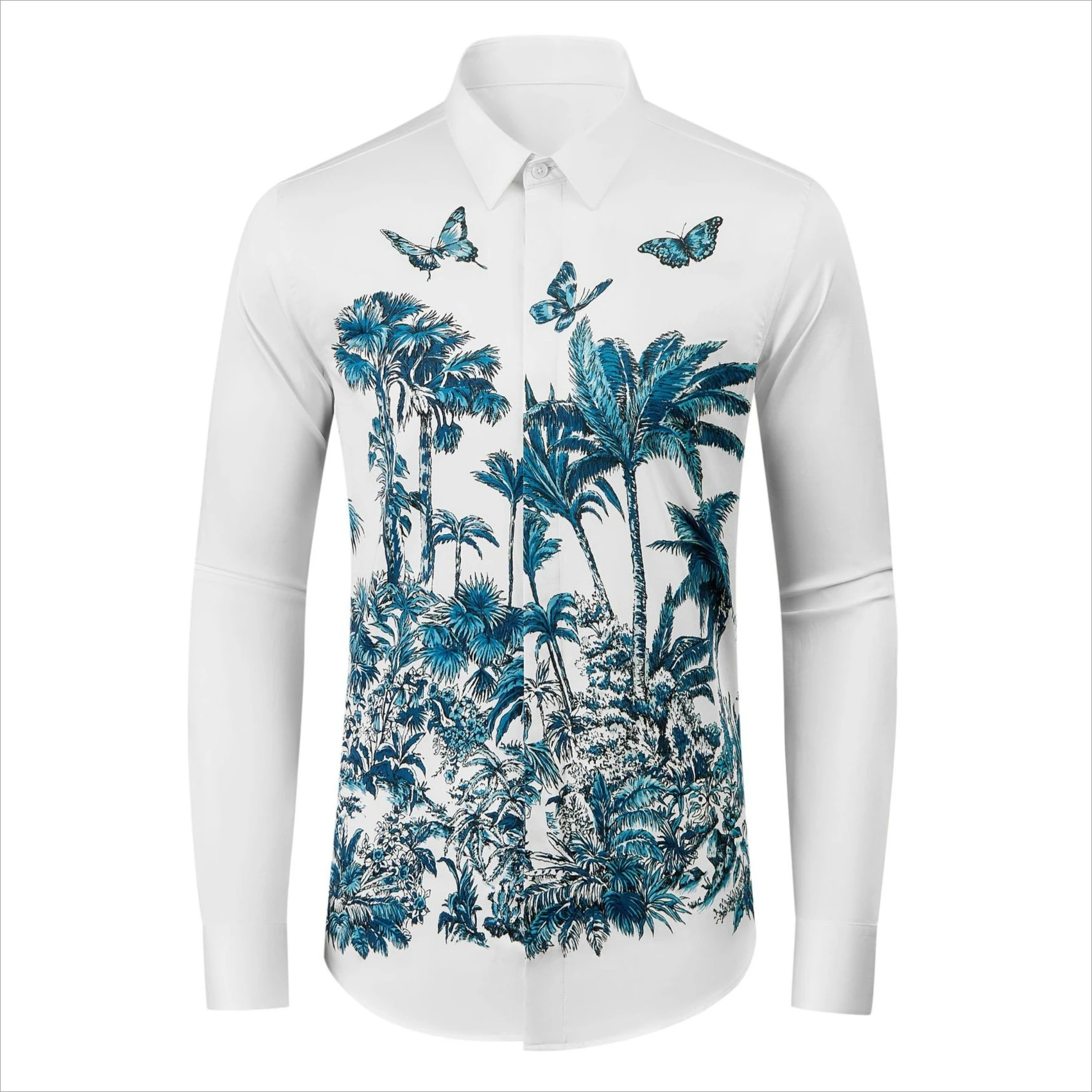 Vacation Style Butterfly Printed Men's Shirt Cotton Long Sleeve Casual Shirts Elastic Comfortable Business Social Office Shirt