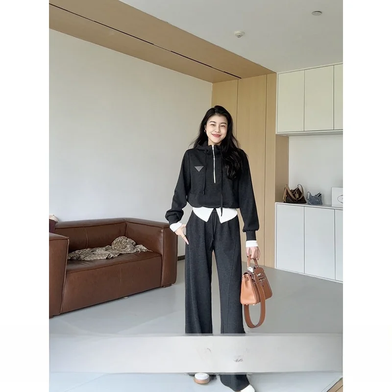 

Color Blo ort Sve Top with Waist Cinching Design And Straight Leg Pants Casual Versatile Women's Faion Set for Winter