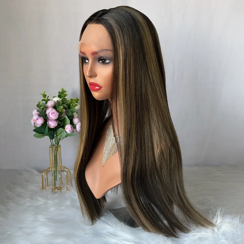 วิกผมตรงยาวแบบไฮไลท์ 20 นิ้ว ใยสังเคราะห์ทนความร้อน สีน้ำตาลเข้ม ไม่ต้องใช้กาว ดูเป็นธรรมชาติสำหรับผู้หญิง