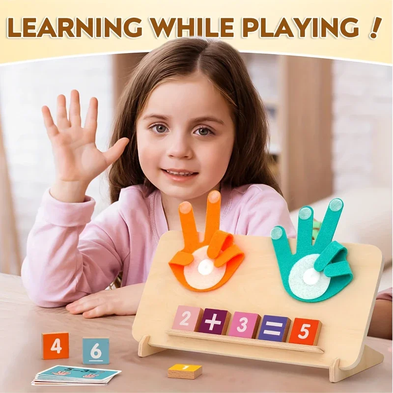 Giocattoli educativi aritmetici con dita in legno per bambini Apprendimento delle operazioni matematiche Addizione Sottrazione Scheda di abbinamento cognitivo