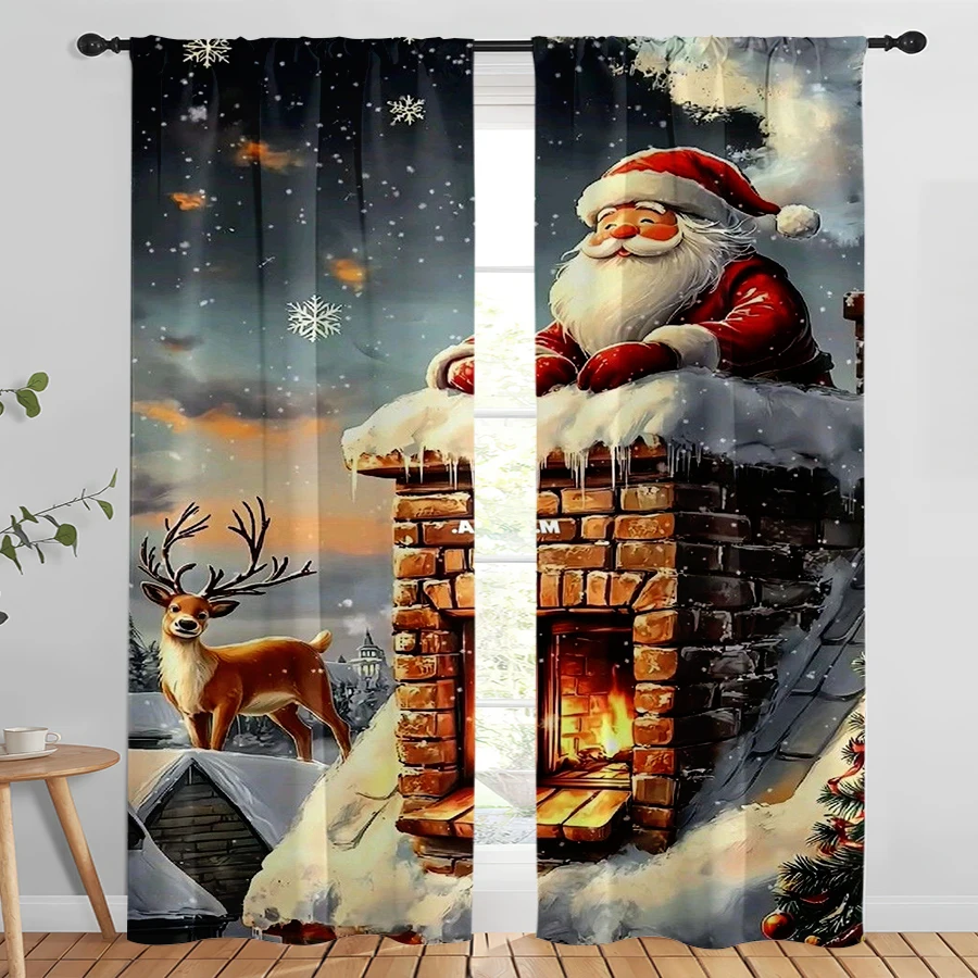 2PCS Digital Print Christmas Curtains, Santa Chimney Reindeer Snowy Night, Fun Heartwarming Window Drapes for Holiday Home Decor
