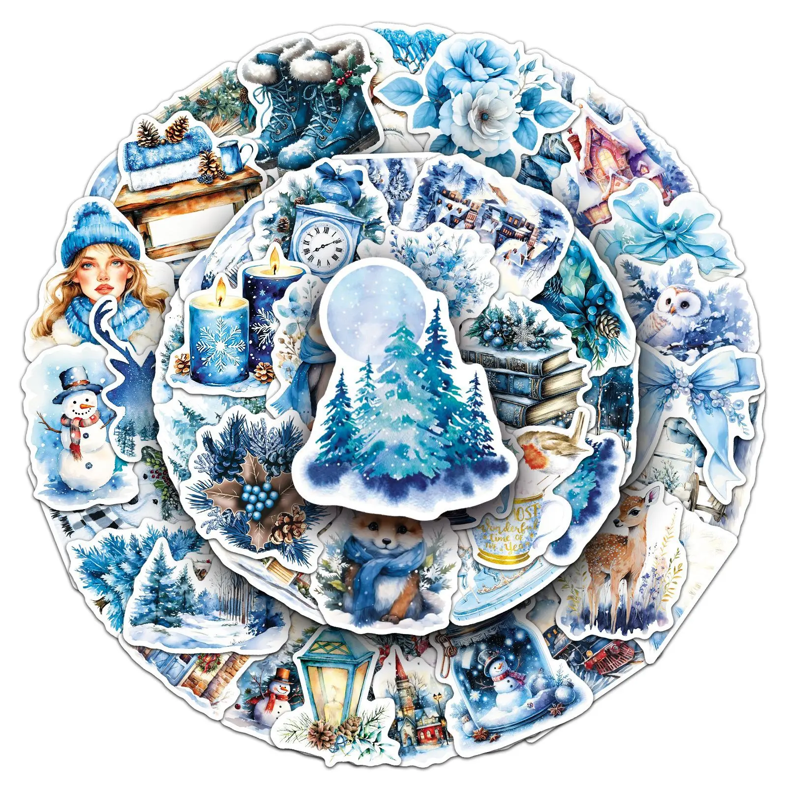 

50PCS Winter Stickers Winter Snowman Blue Small Fresh Graffiti Creative DIY Decoration Refrigerator Stationery Box Water Cup