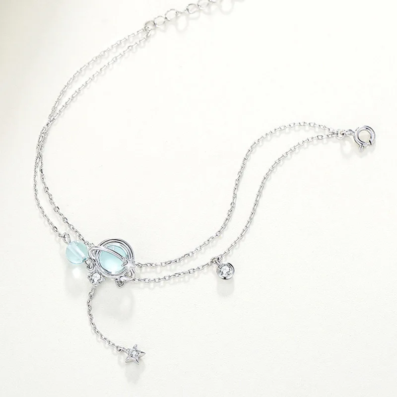 925 Sterling Silber 19 cm Doppelarmband Aquamarin Kristall verkrustetes Armband Eleganter femininer Trendschmuck – Detail 4