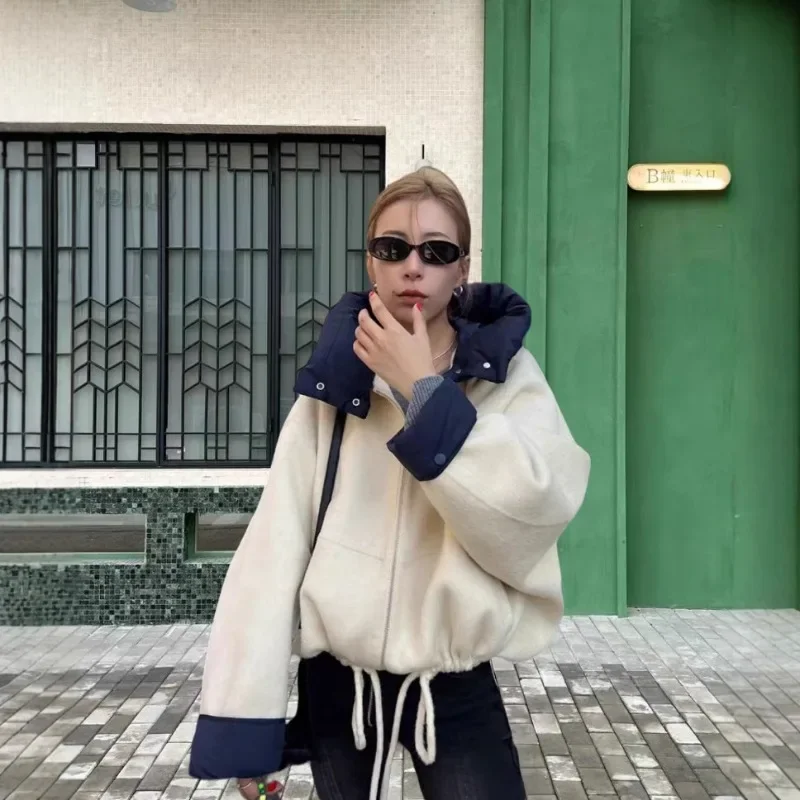 

Zipper Panelled Women's Jackets with Hoodies Casual Drawstring Long Sleeved Jacket Female Autumn Winter Short Loose Outwear Tops