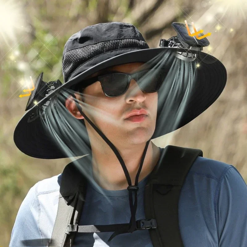 2026/OEM Solar Fan Cap Solar Powered Cooling Fan Hat - Wide Brim Bucket Hat for Fishing, Hiking & Outdoor Sun Protection