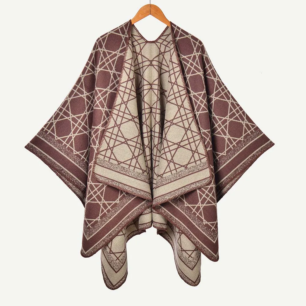 

Fashion Luxury Maze Grids Imitate Cashmere Coat Poncho Unisex All Seasons Wraps Front Split Cape Leisure Travel Cloak Long