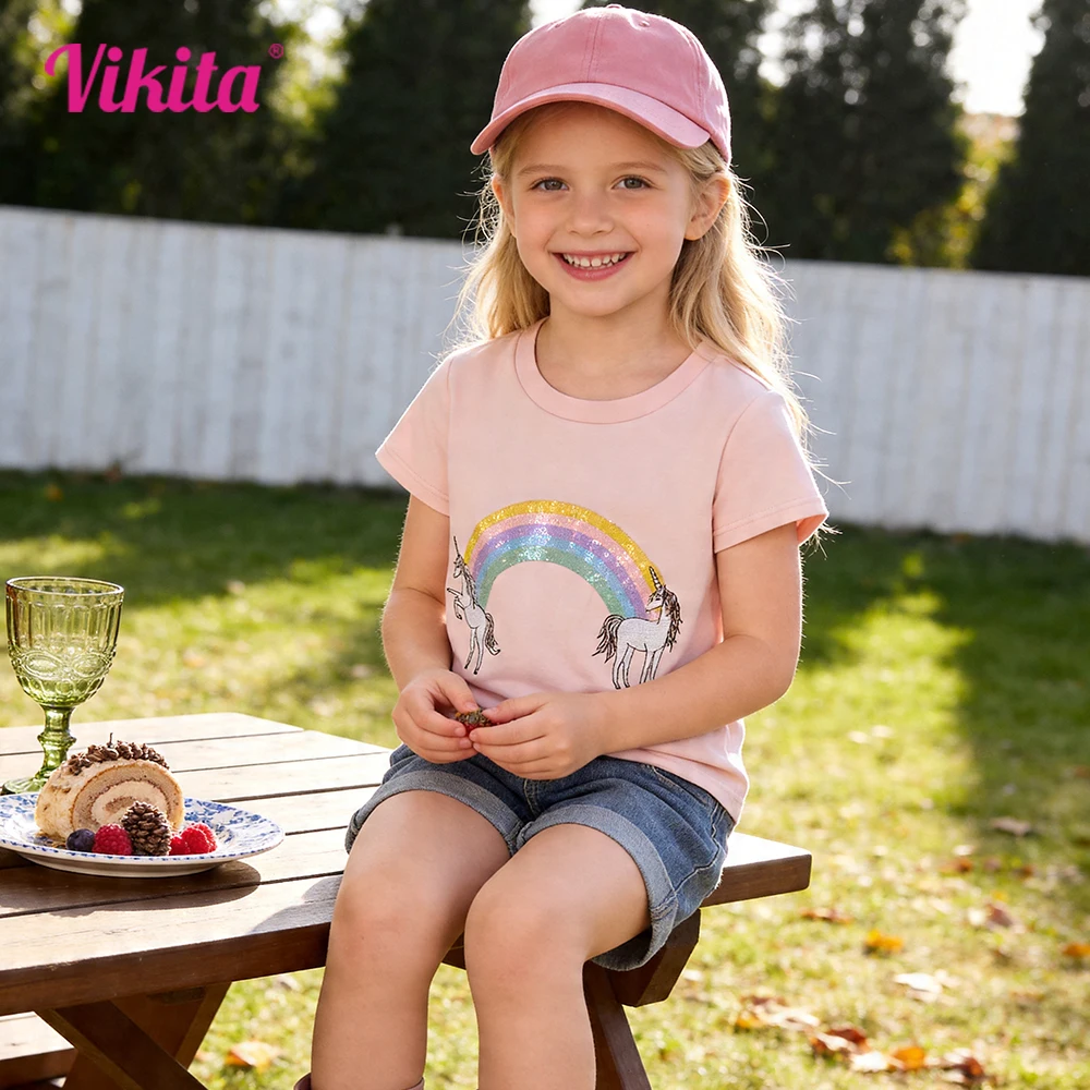 Vikita Mädchen Einhorn Regenbogen Cartoon appliziert T-Shirts Kinder o Hals Kurzarm Baumwolle lässig täglich Tops und T-Shirts Kinder kleidung