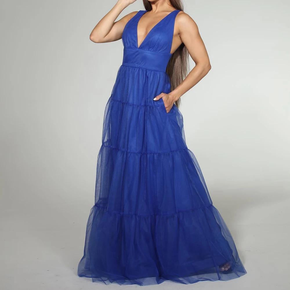 Customized Modern Pleats V-Neck Evening Dresses Fashion A-Line Spaghetti Straps Zipper Back Blue Organza Party Gowns فساتين سهرة