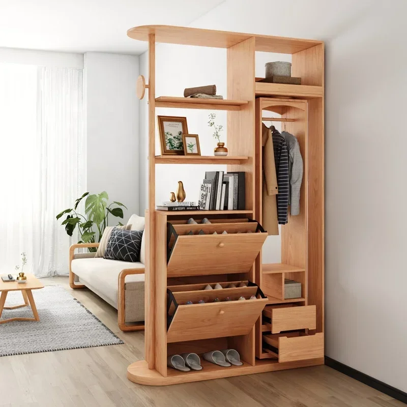 Modern Rotatable Clothes Hanger Design Entrance Cabinet Shoe Storage Ash Wooden Living Room Cabinet