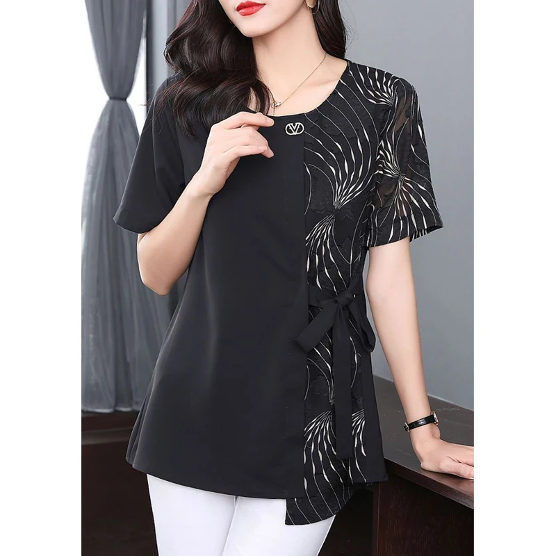 Elegant Lace Up Print Patchwork Irregular Tunic Tops for Women 2023 Summer New Fashion Commute Short Sleeve Loose Shirts Blouses