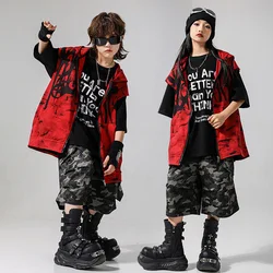 New Hip Hop Clothing Red Hooded Vest Camo Shorts for Girls Jazz Dance Costume Teenager Streetwear Group Kpop Stage Clothes Sets