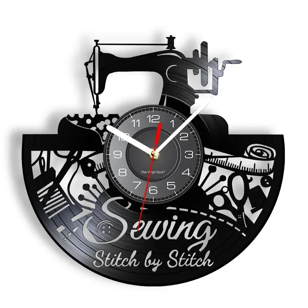 

Stitch By Stitch Sewing Quotes Art Vinyl Record Wall Clock Sewing Machine Fashion Wall Decor Vintage Quilting Wall Clock