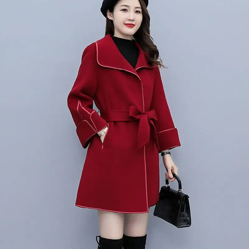 2024 New Autumn Winter Wool Coat Women Windbreaker Jacket Double-faced Cashmere Cotton Thicke Black Red Outerwear Clothes Female