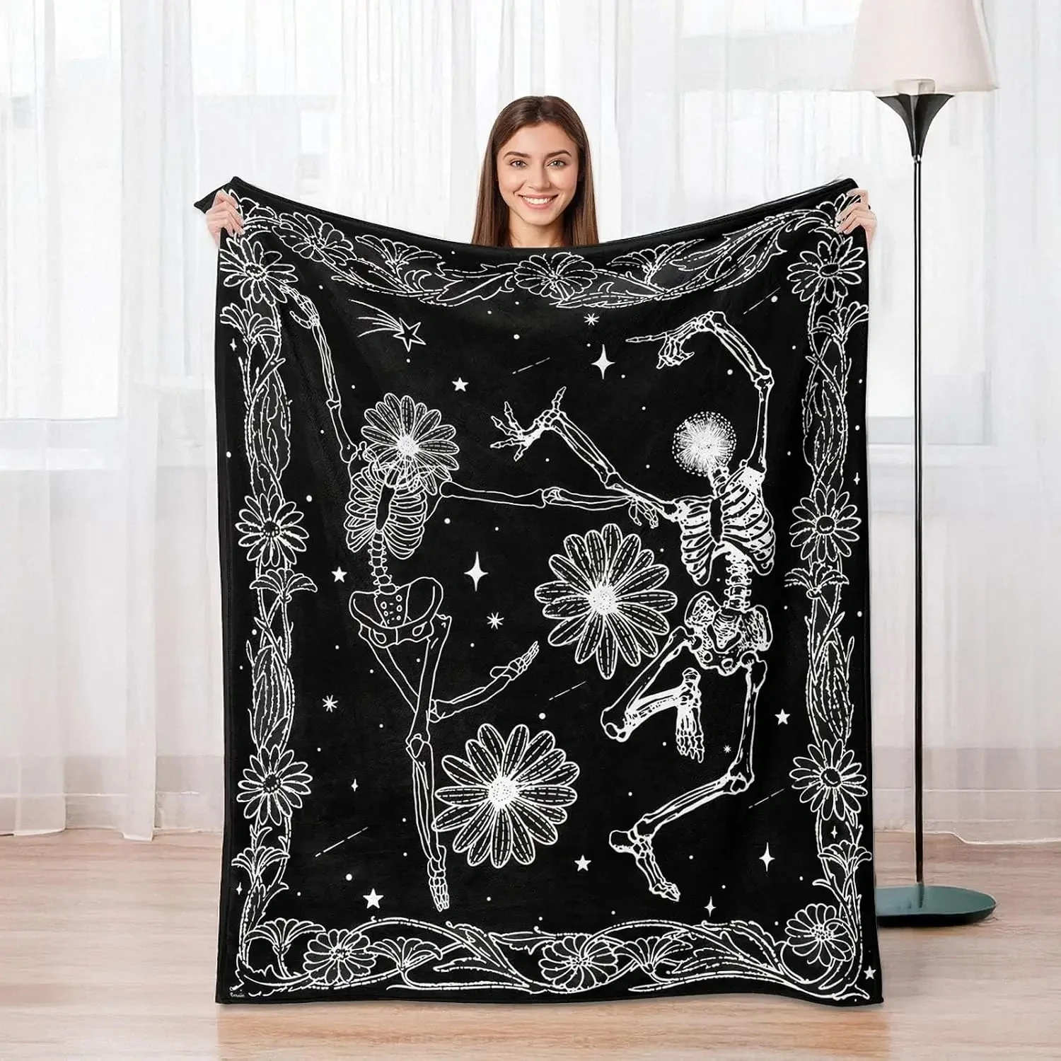 Dancing skeleton daisy star warm flannel blanket, Gothic floral print, bedroom sofa camping, daily use in autumn and winter.
