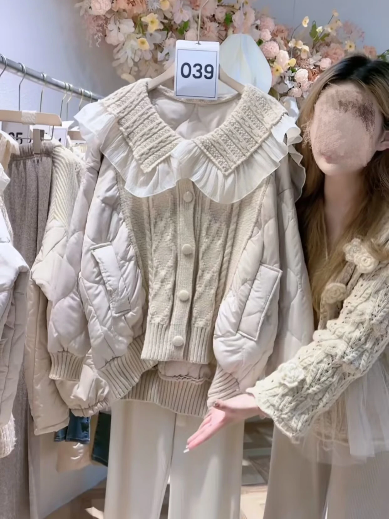 Sweet Style Loose Fit down Cotton Jacket with Knitted Splicing Cotton Insert Doll Collar Autumn Winter New Arrival
