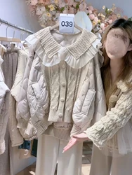 Sweet Style Loose Fit down Cotton Jacket with Knitted Splicing Cotton Insert Doll Collar Autumn Winter New Arrival
