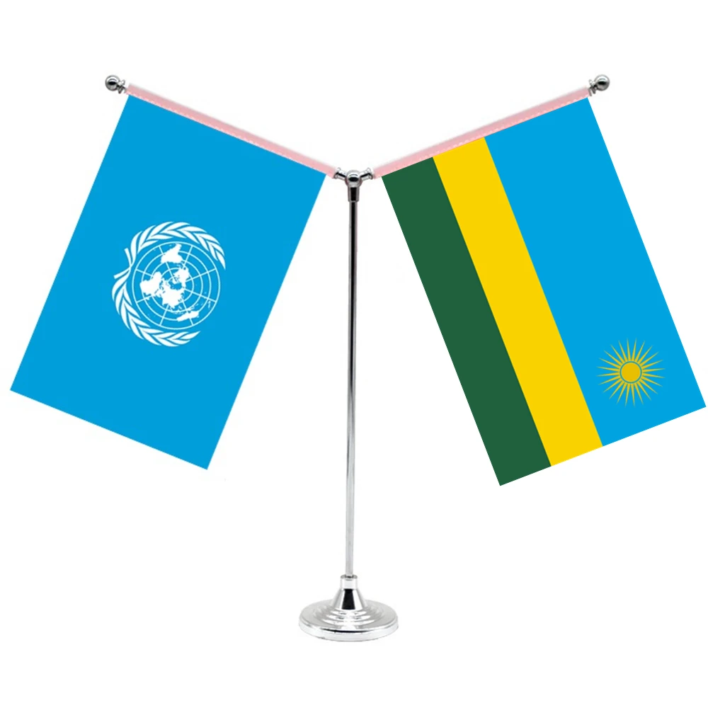 14x21cm Mini Rwandan Flag Office Decoration With Two Flags Of The United Nations And Rwanda