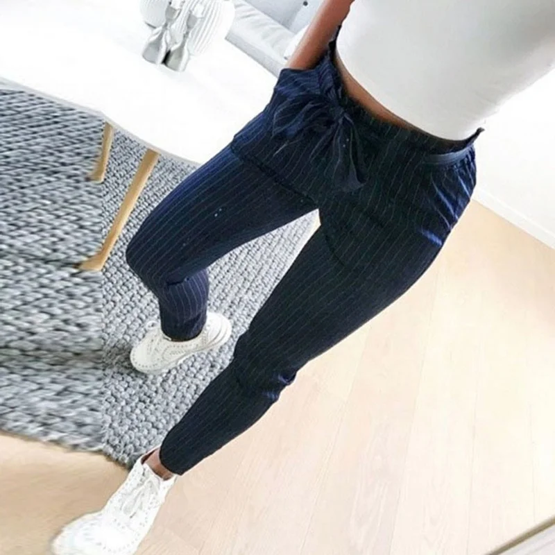 Pantalones de vendaje para mujer, pantalón Harem de cintura alta con lazo, cintura elástica a rayas, estilo informal, Harajuku, verano, 2024