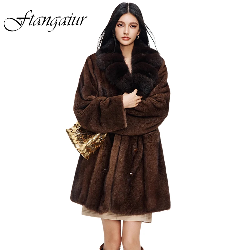 

Ftangaiur зимняя импортная бархатная норковая шуба с отложным воротником норковая шуба женская новая средняя натуральная норковая шуба