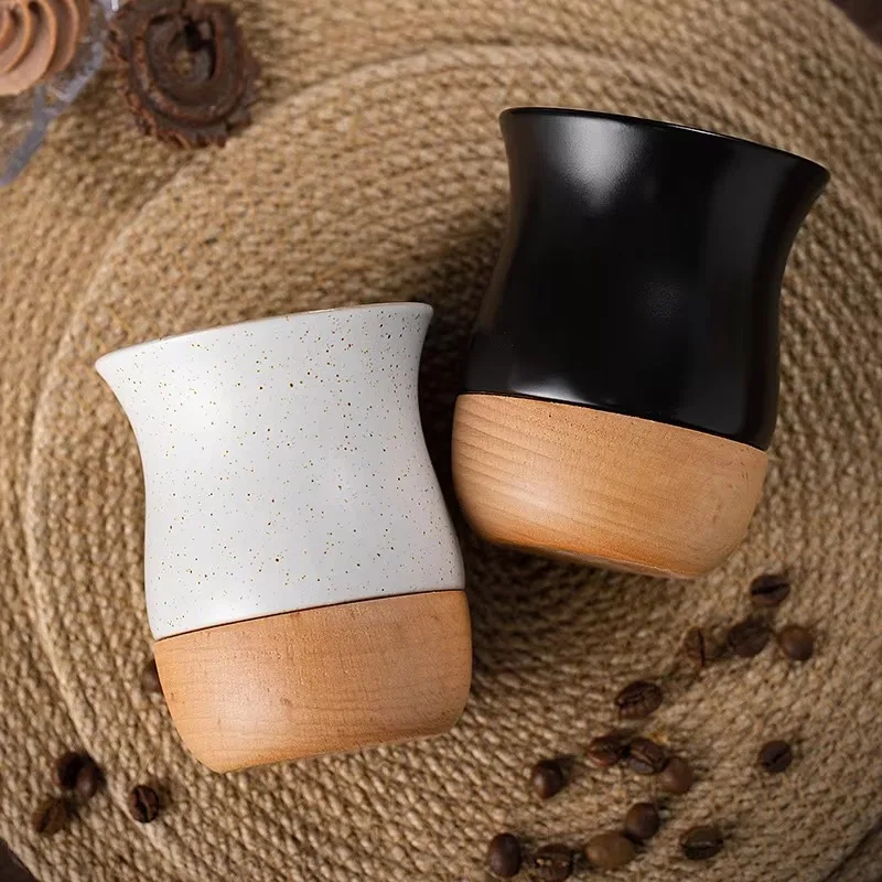 Two-color Spotted Ceramic Cup Espresso Coffee Cup Retro Coarse Pottery Mug Wood Base Modern Kitchen and Office Cups 260ML