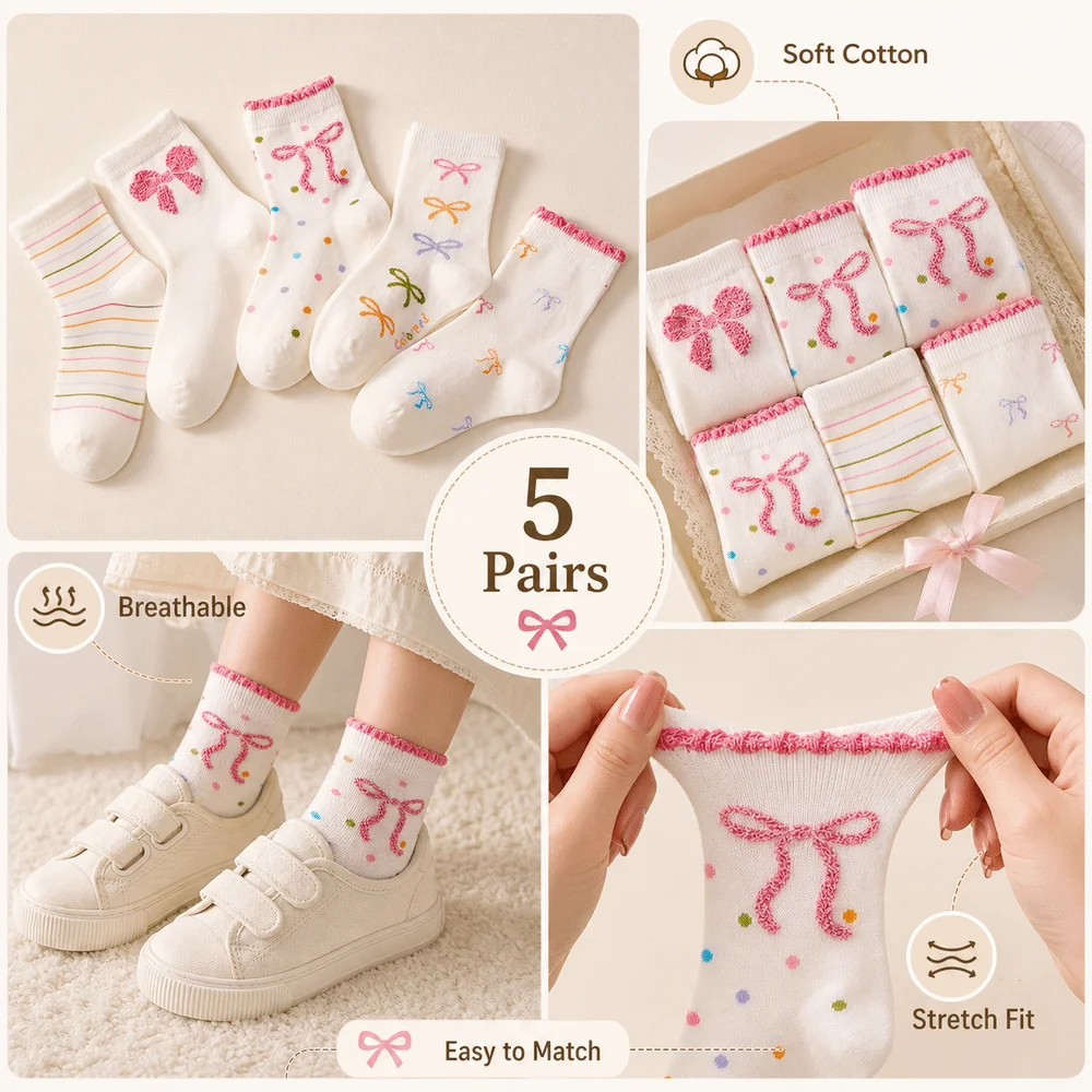 5 Pair Set Ruffle Bowknot Socks Print Pattern Soft Elastic Girls Ankle Socks Breathable Cotton Casual Footwear Socks School