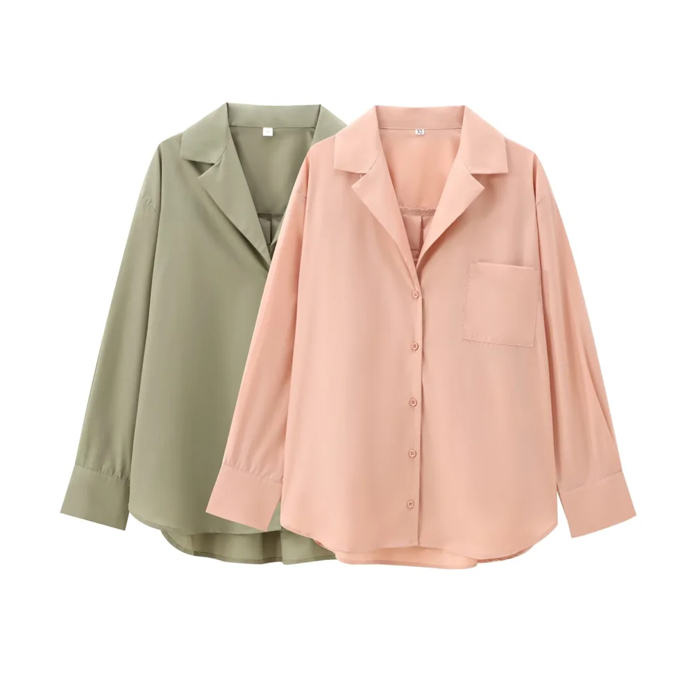 

TRAF Autumn New Product Women's Fashion Casual Loose Single breasted Pocket Decoration Long Sleeve Collar Solid Color Shirt