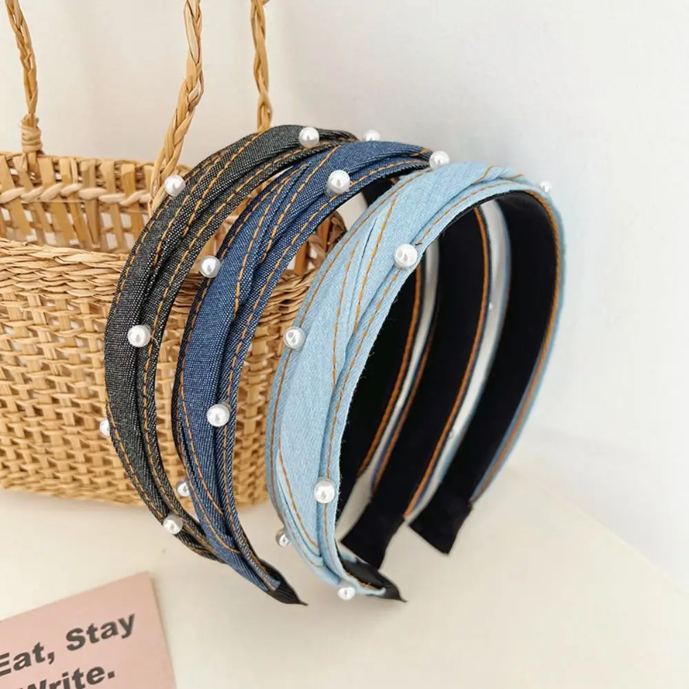 

Korean Style Denim Hair Hoop Headdress Headwear Blue Retro Hairband Cloth Pearl Headband Girls