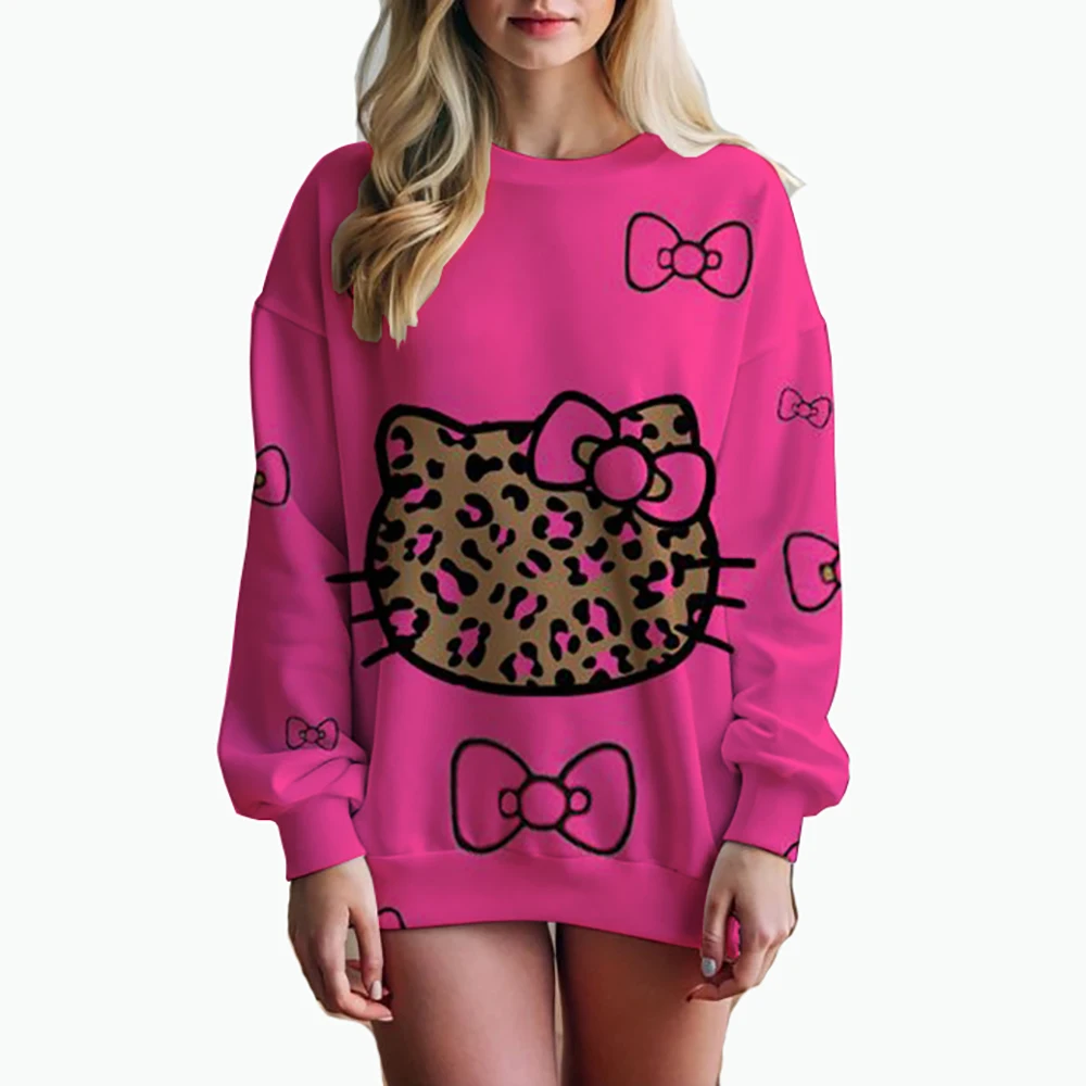 Women\'s Hello Kitty Printed Sweatshirt, High Street Women\'s Hoodie, Y2K Pattern Clothing, Casual Round Neck Sweater