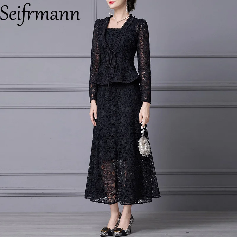 Seifrmann Fashion Women's Suit Long Sleeved Lace-up coat+Spaghetti Strap Backless High Waist Dresses Lace Hollow Out 2-piece set