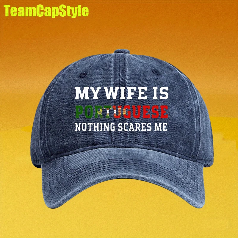 A Vintage-Style Soft And Fashionable Adjustable Distressed Denim Baseball Cap, Featuring The Phrase 'My Wife Has Nothing to Worr