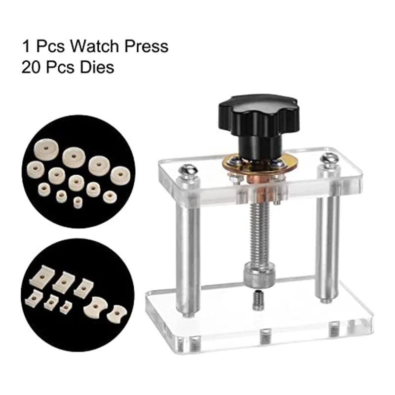 A43M Watch Press Set, Watch Back Case Screw Type Closer with 20 Dies Acrylic Watchmaker Press Tool Set for Watch Repairing