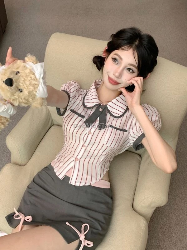 2025 neue koreanische stil sommer frauen gestreiften kurzarm hemd abnehmen halb rock zwei stück täglichen retro mode jk uniform set