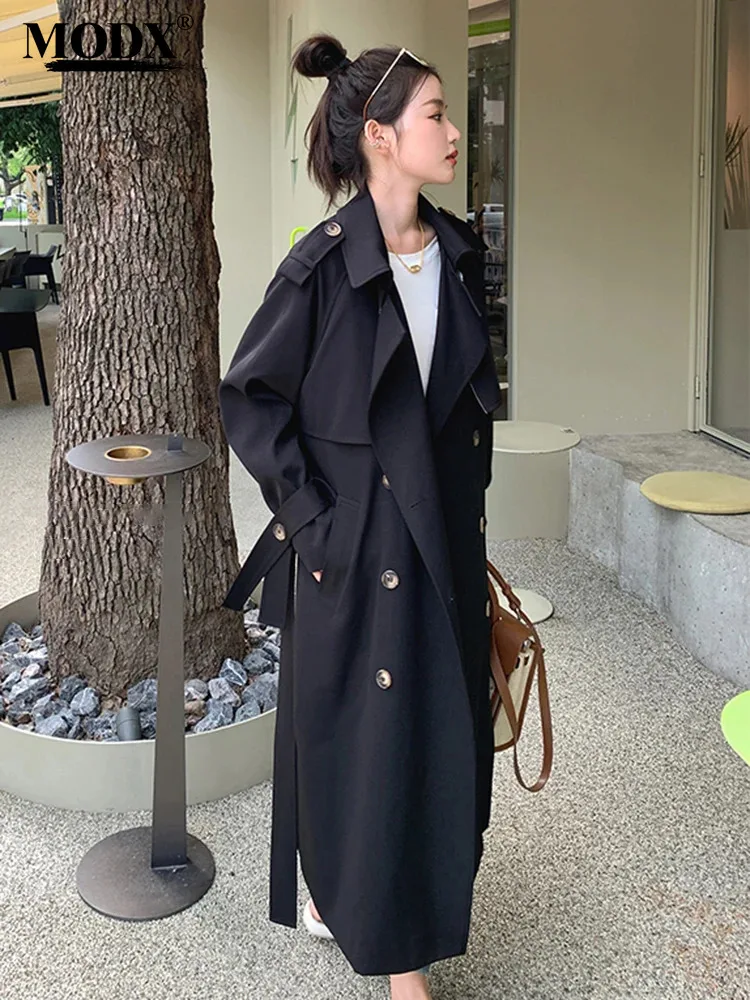 

[MODX] Black Belted Big Size Trench Women New Lapel Long Sleeve Loose Fit Windbreaker Fashion Tide Spring Autumn 2024