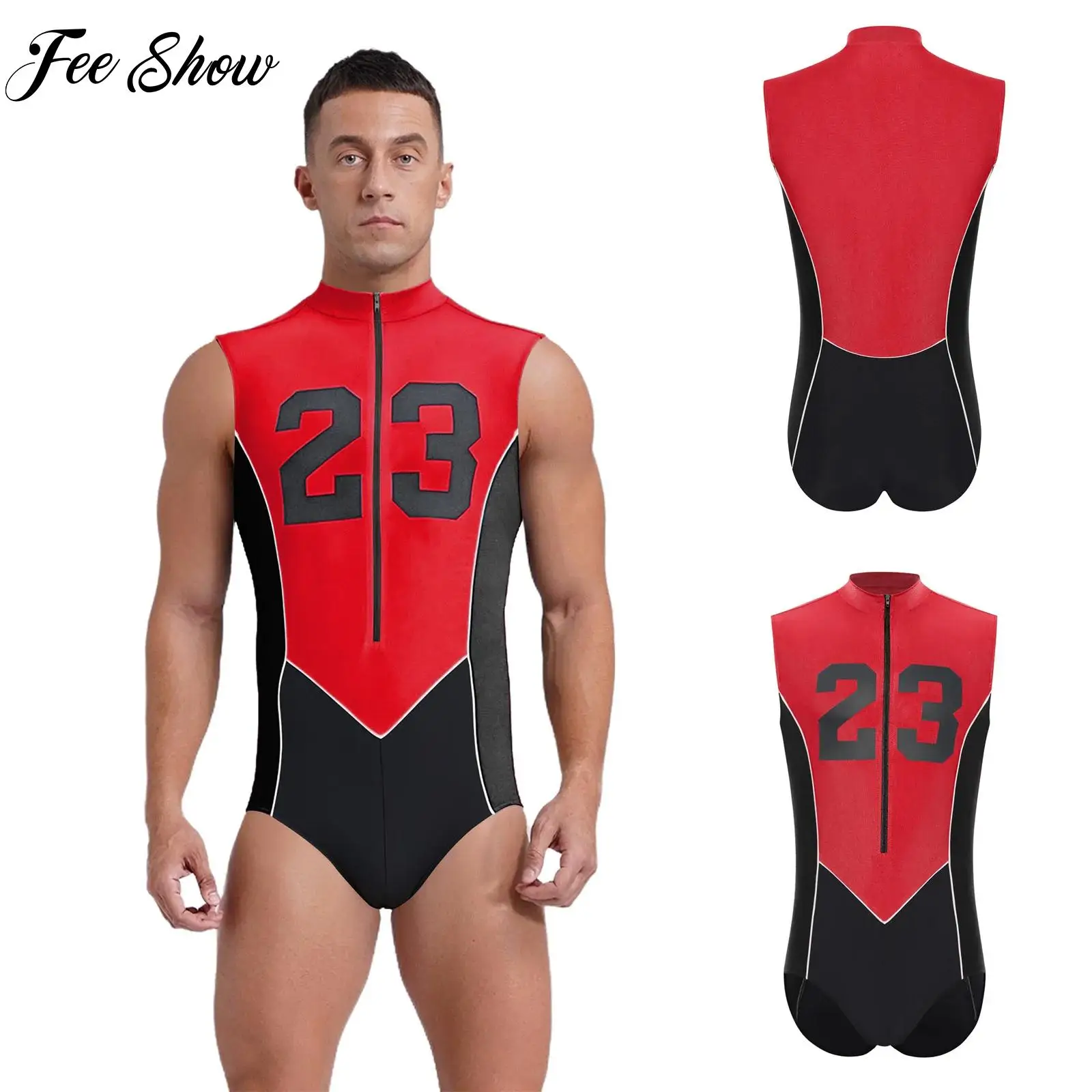 

Mens One Piece Swimsuit Sports Bodysuit Sleeveless Number Printed Color Block Leotard for Cycling Running Fitness Workout Wear