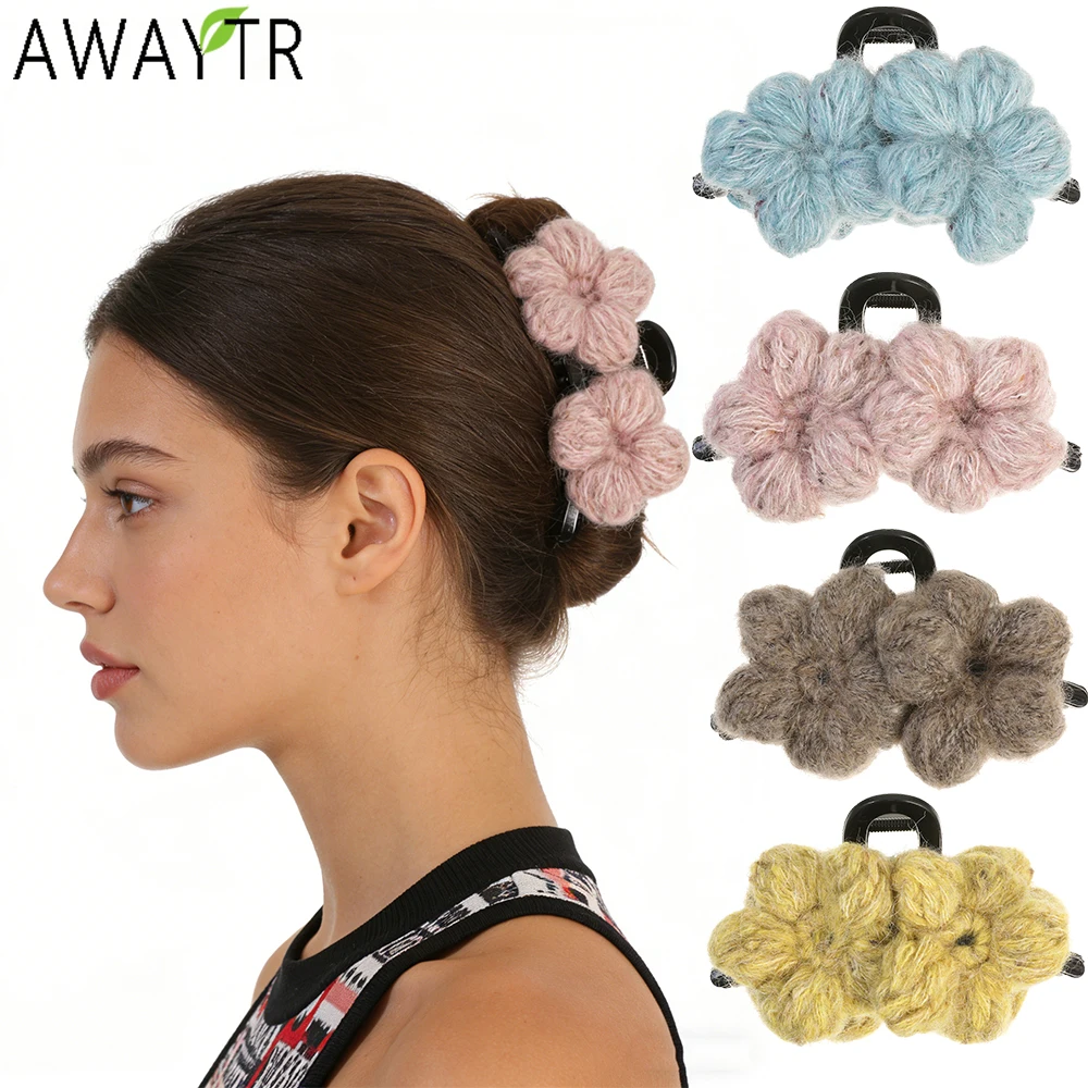 

AWAYTR Solid Color Woolen Flower Hair Claws Cute Fabric Hair Clip Crab For Girl Gift Hair Accessories Valentine Headwear