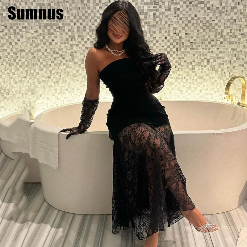 SUMNUS With Lace Black Mermaid Prom Dress Illusion Elegant Strapless Sexy Ankle-Length Evening Dresses Formal Gowns Customized