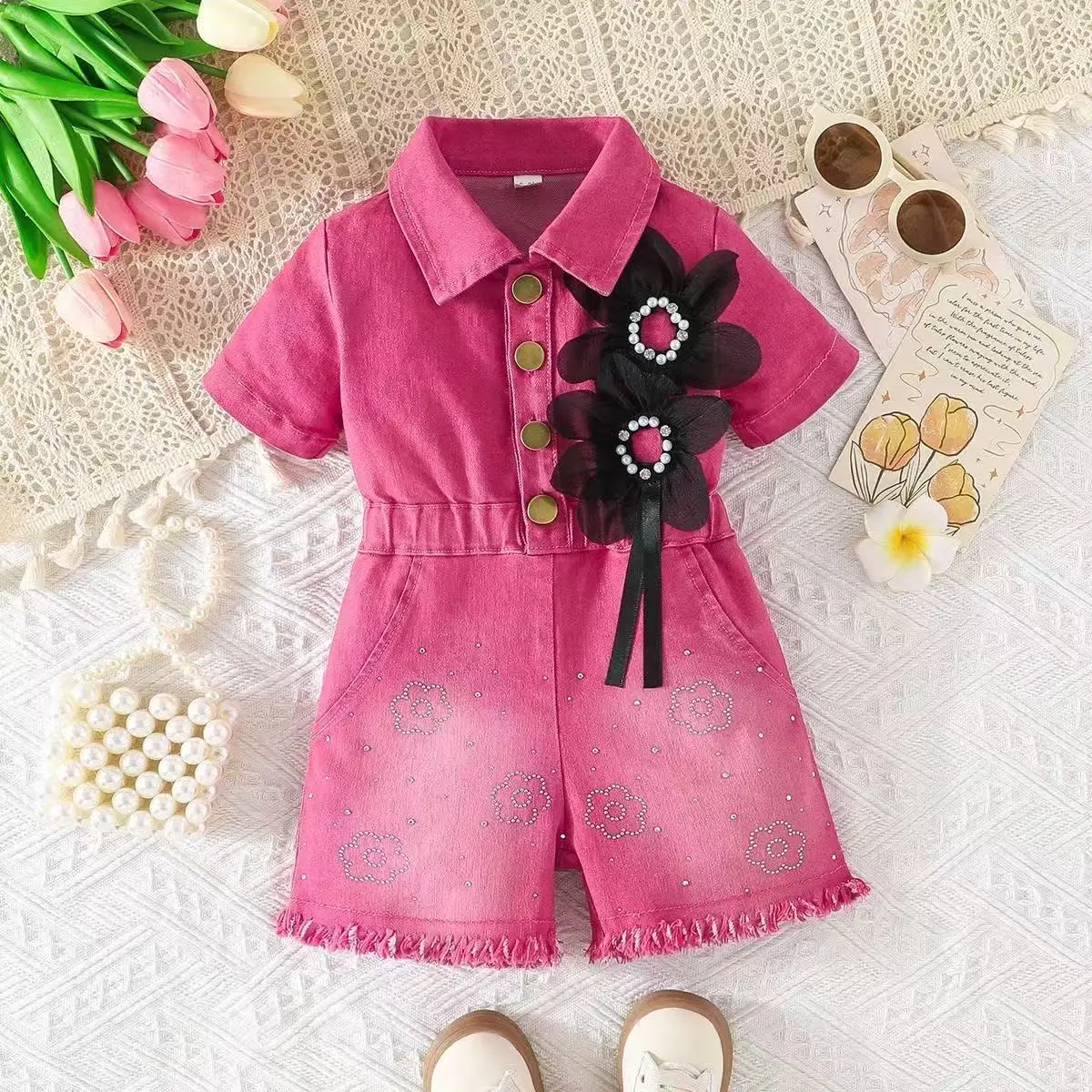 

2026 New Girls' Denim jumpsuit Children's Short Sleeved Waist Cinched Pearl Flower Girls' Work Pants