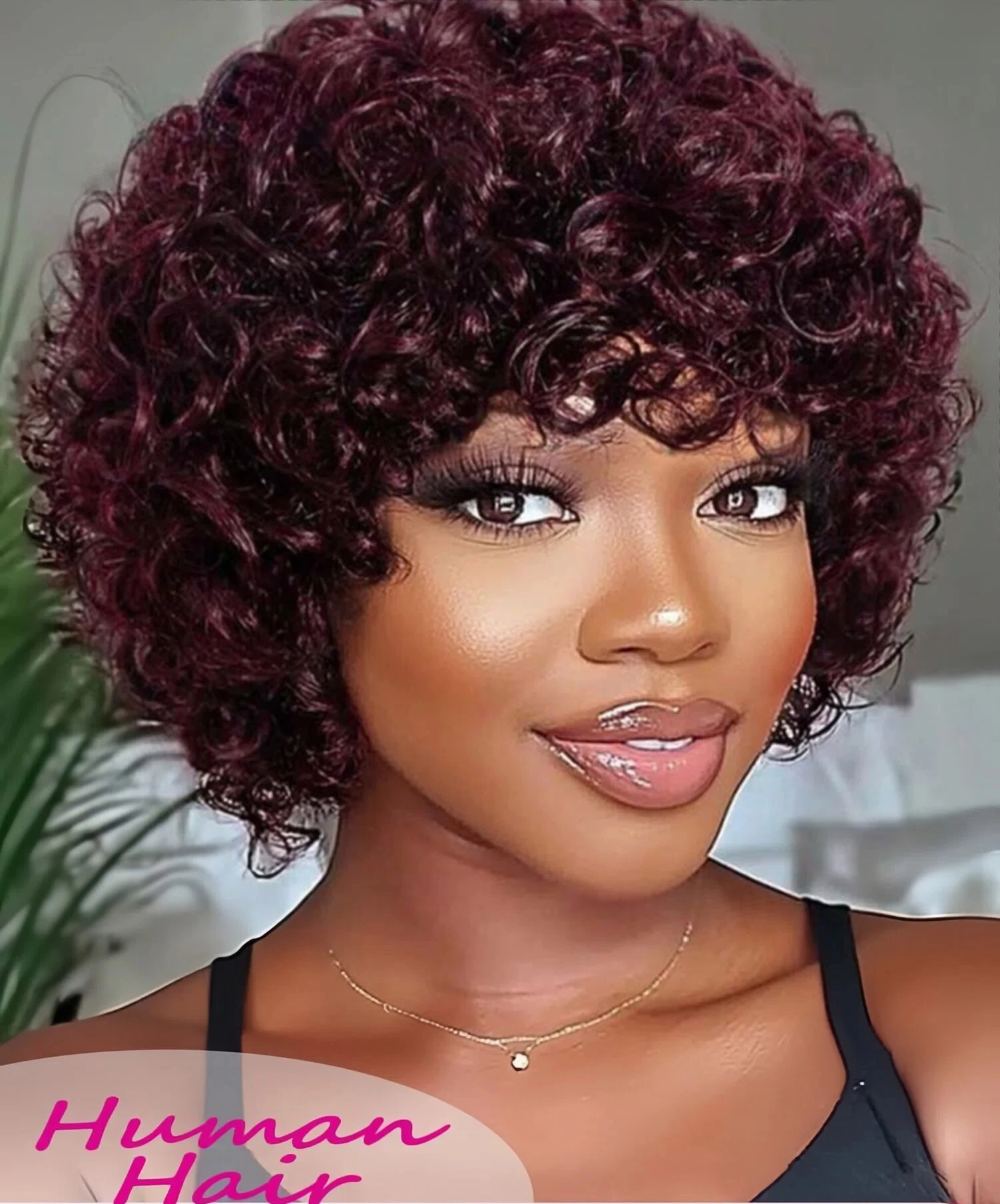 Borgonha curto pixie afro kinky encaracolado peruca com franja remy cabelo humano máquina feita perucas jerry encaracolado peruca para preto