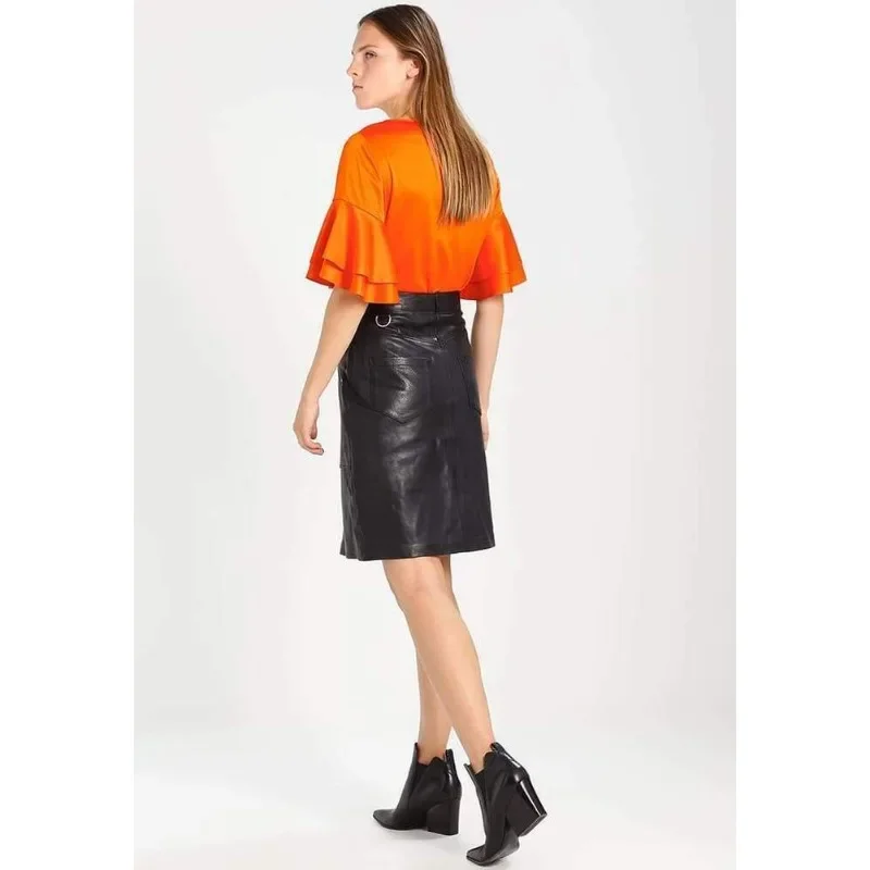 Women's Genuine Real Lambskin Leather Skirt Mid Knee Stylish Soft Zipper Skirt