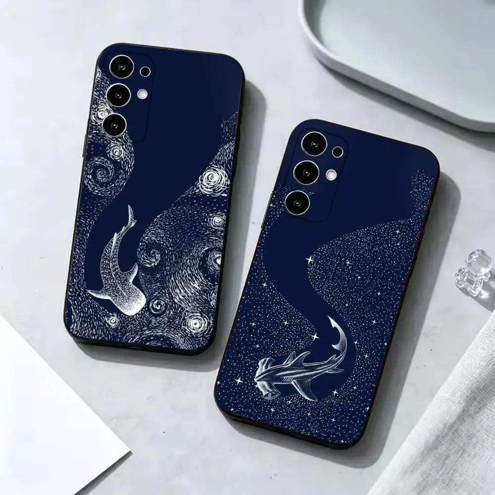 Dark blue ocean whale Fashion Black Silicone Protective Phone Cover, Suitable for Samsung S20-S26,Ultra,Plus,FE,Lite,5G