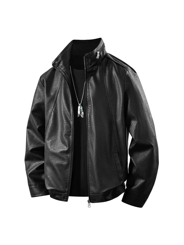 

New Leather Jacket for Men in Spring Autumn Stand Up Collar Leather Jacket High-end Thin Casual Jacket Loose Fit Outerwear