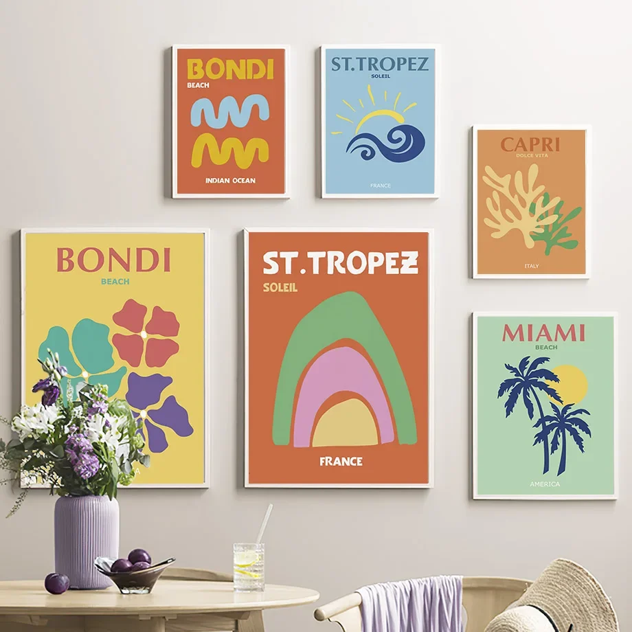 Capri Bondi Palm Mykonos Miami Posters Prints Colorful Abstract Nordic Pictures Living Room Decor Wall Art Canvas Painting Coral