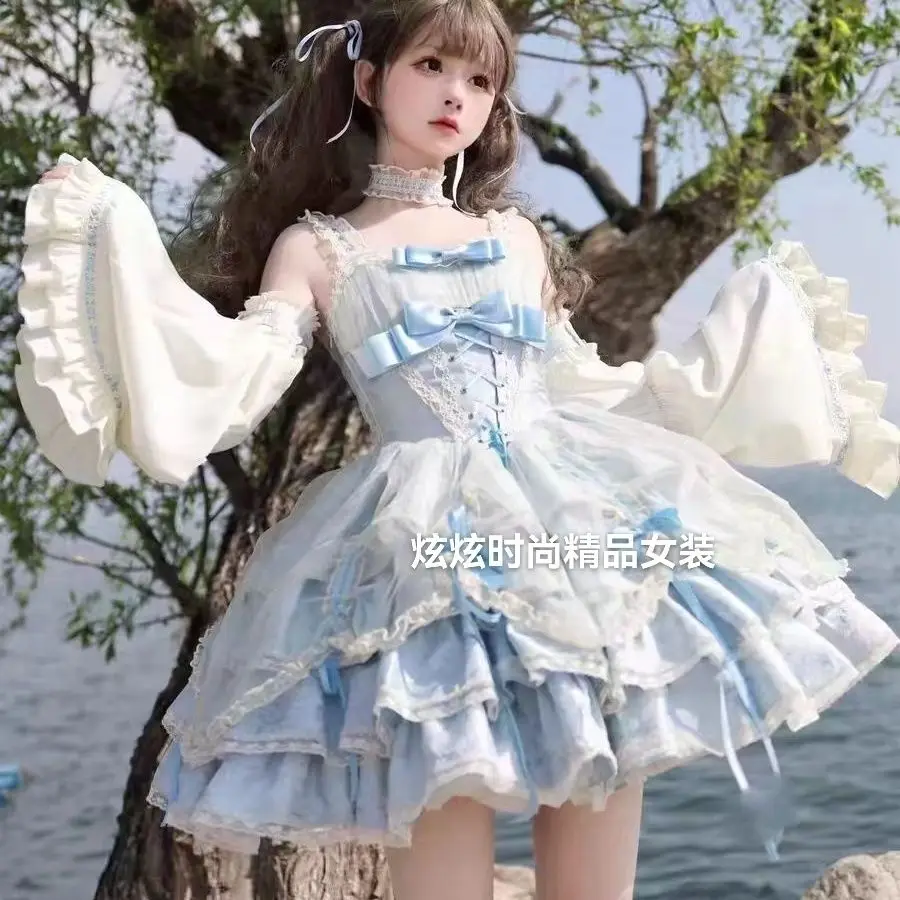 

Japan Lolita Fashion Women Gothic Bow Lace Flounce Patchwork Dress Womens Dresses Summer 2024 New