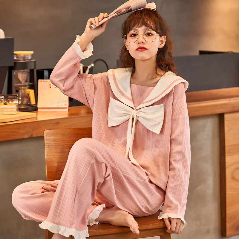 Autumn Winter Cartoon Cute Women Pajamas Set Combed Cotton Waffle Knit Pajama Sweet Long Sleeve Pants Sleepwear Suit