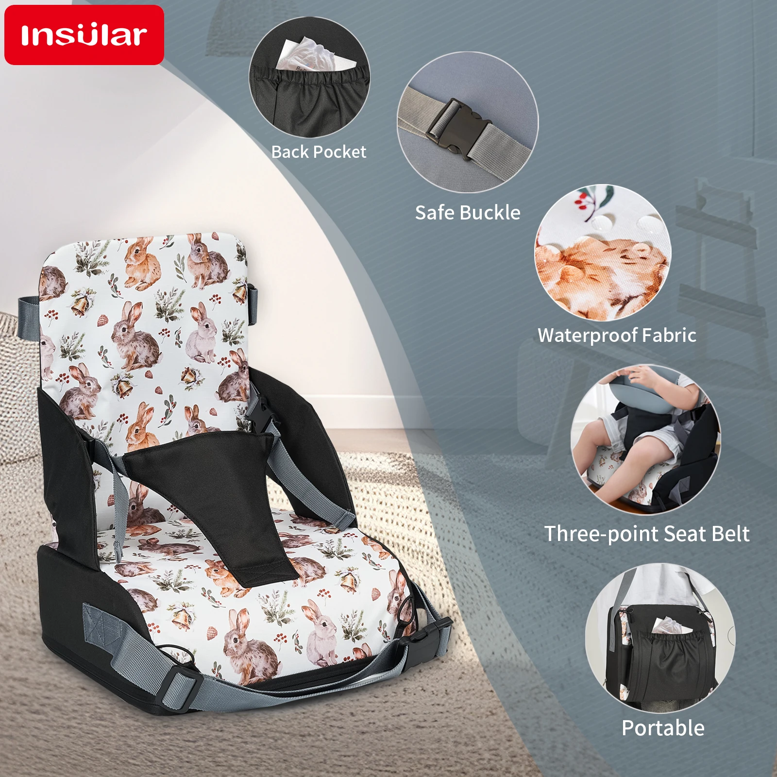 INSULAR Kids Safety Seat Booster Cushion Baby Dining Chair High Pads Children\'s Travel Seating Washer Foldable Portable