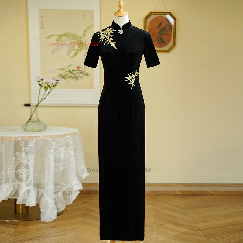 2026 chinese vintage dress velvet qipao traditional bamboo embroidery evening dress sleeveless cheongsam banquet stage dress