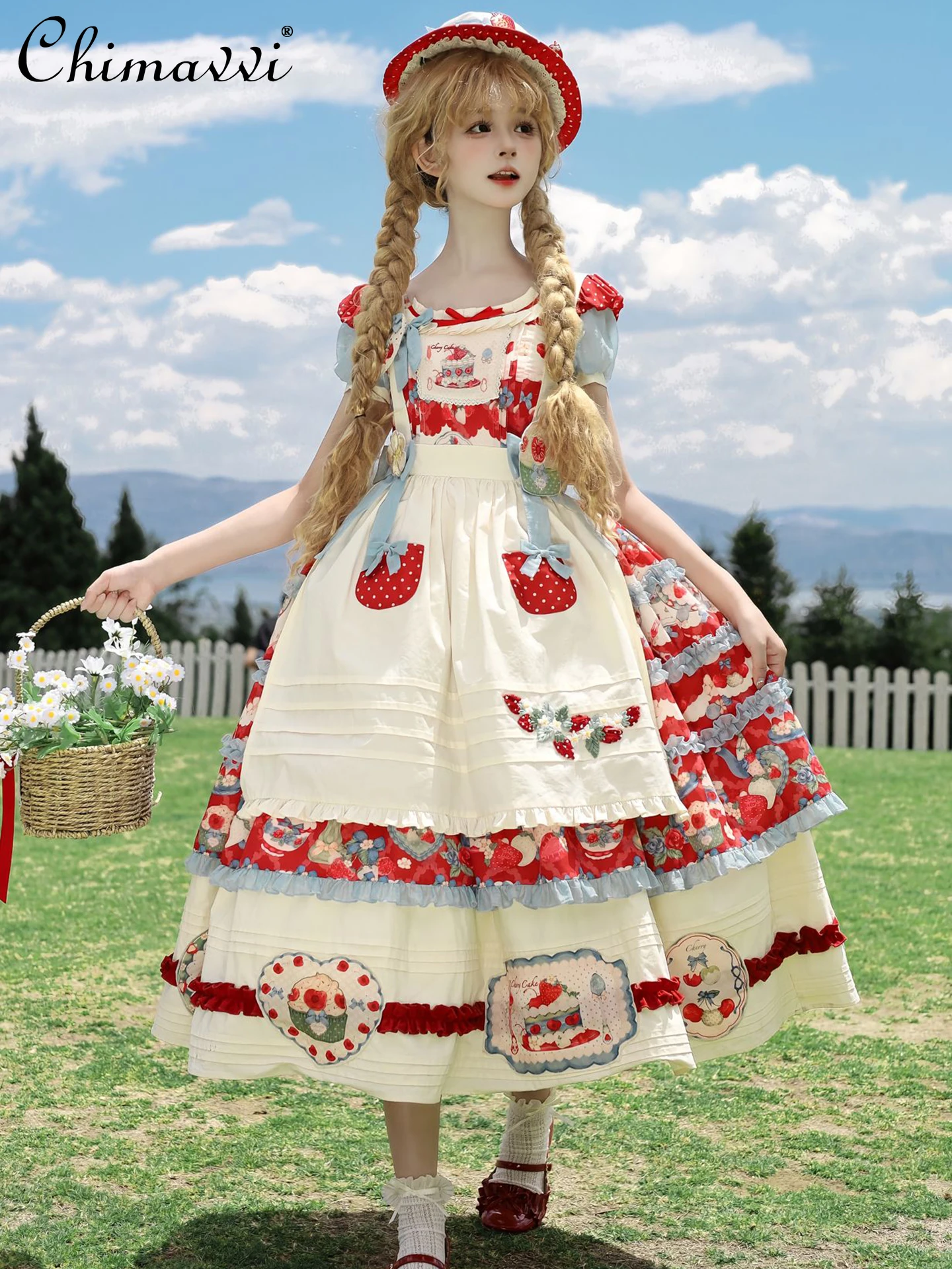 Abiti Lolita pastorali alla fragola 2025 Estate nuove ragazze dolci donne carino stampa Op principessa elegante abito lungo e grembiule