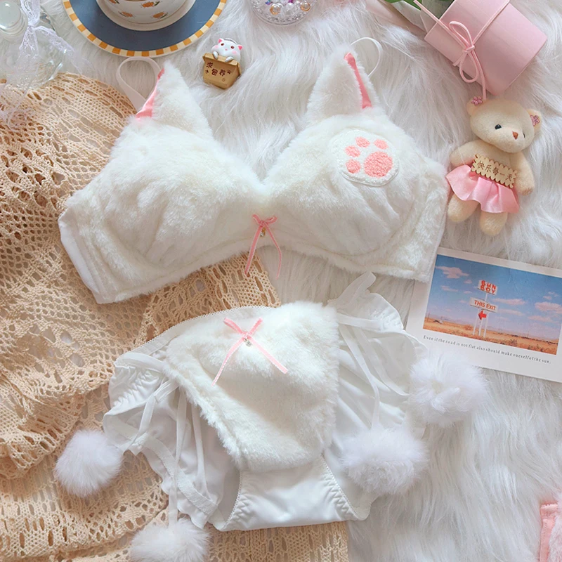 Winter Plush Underwear Japanese Lolita Girl Pink Cartoon Cat Embroidery Brassiere Gathered Bra and Panty Lingerie Set Bralette